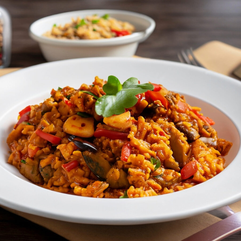 Colorful bowl of vegan jambalaya with rice, vegetables, and Creole spices
