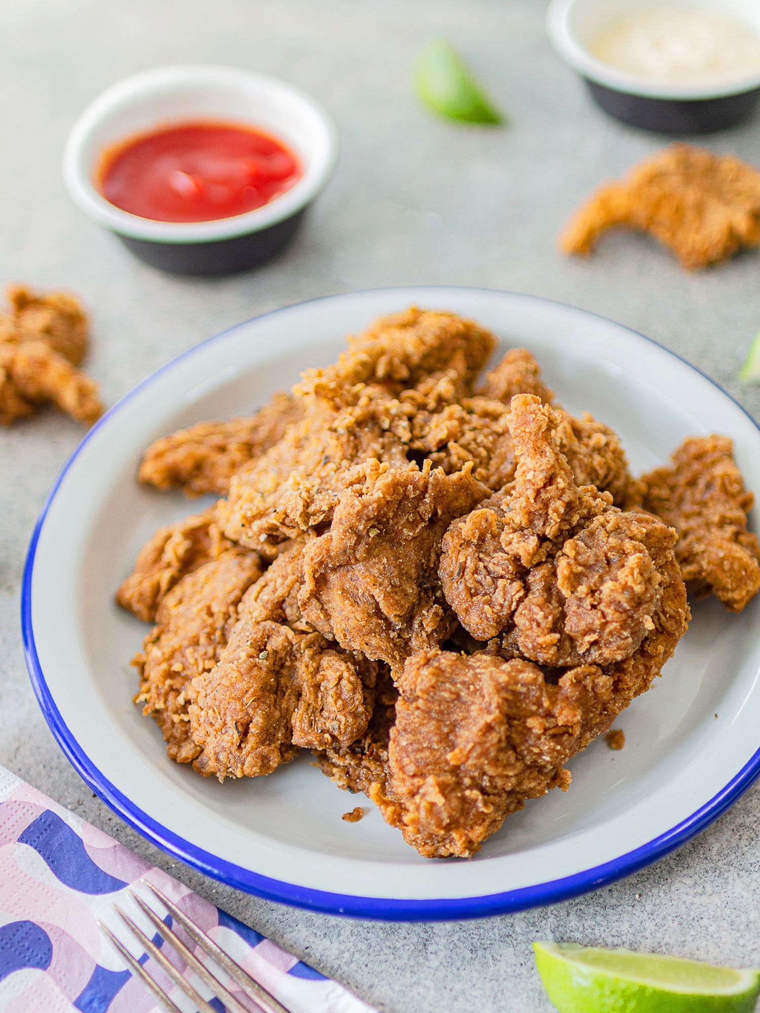 Golden crispy vegan fried chicken made from oyster mushrooms